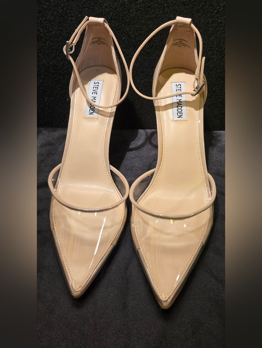Steve Madden Beige Clear-Strap Pointed Ankle-Strap Pumps